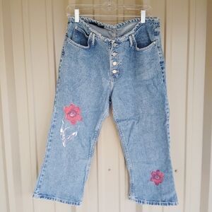 Women's Juniors Floral Embellished Cropped Denim Blue Jeans 31 x 30 Flowers